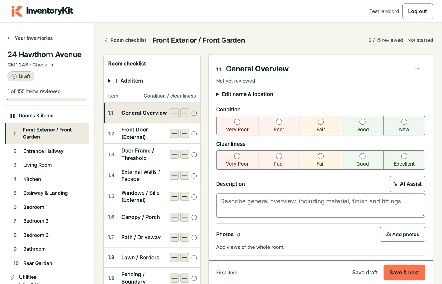The InventoryKit inspection screen: a room checklist beside an item with Condition and Cleanliness choices, with sample data.