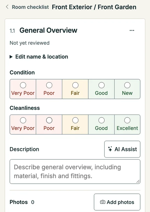 The InventoryKit item screen on a phone, showing Condition and Cleanliness choices and an Add photos button, with sample data.